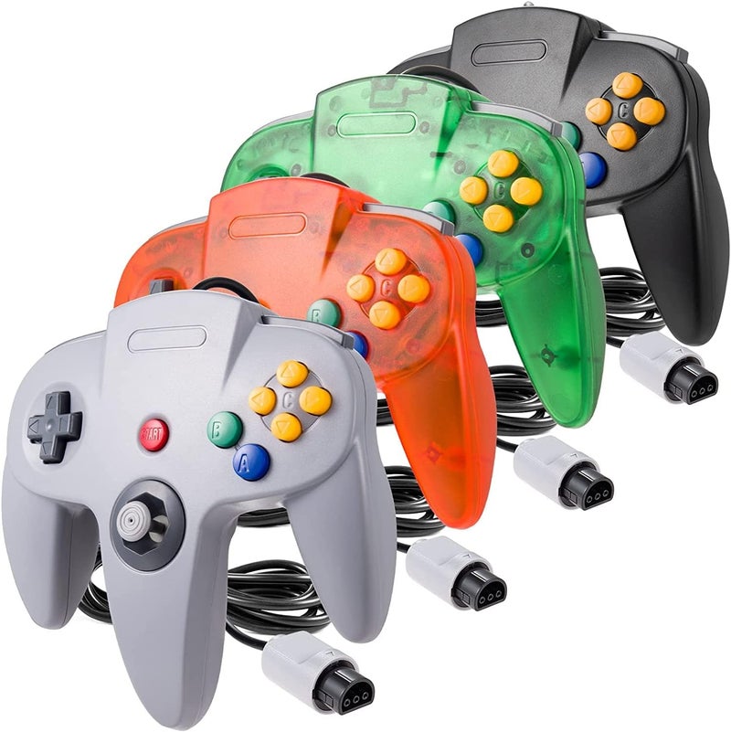 miadore 4 Pack Classic N64 Controller, Wired Classic N64 Gamepad with Upgraded Joystick (Black/Gray/Clear Orange/Clear Green) - Image 1